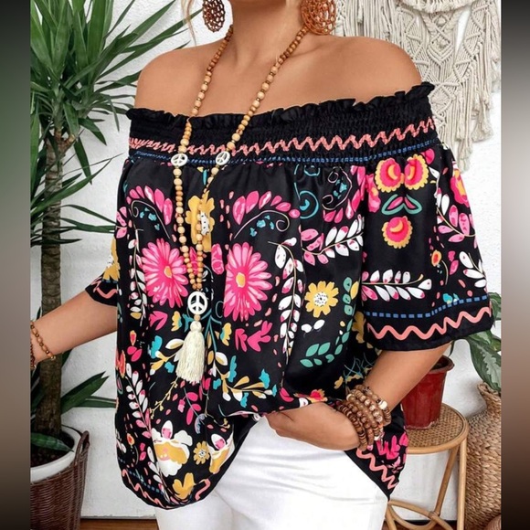 Plus size boho floral print off shoulder  blouse - Picture 6 of 6